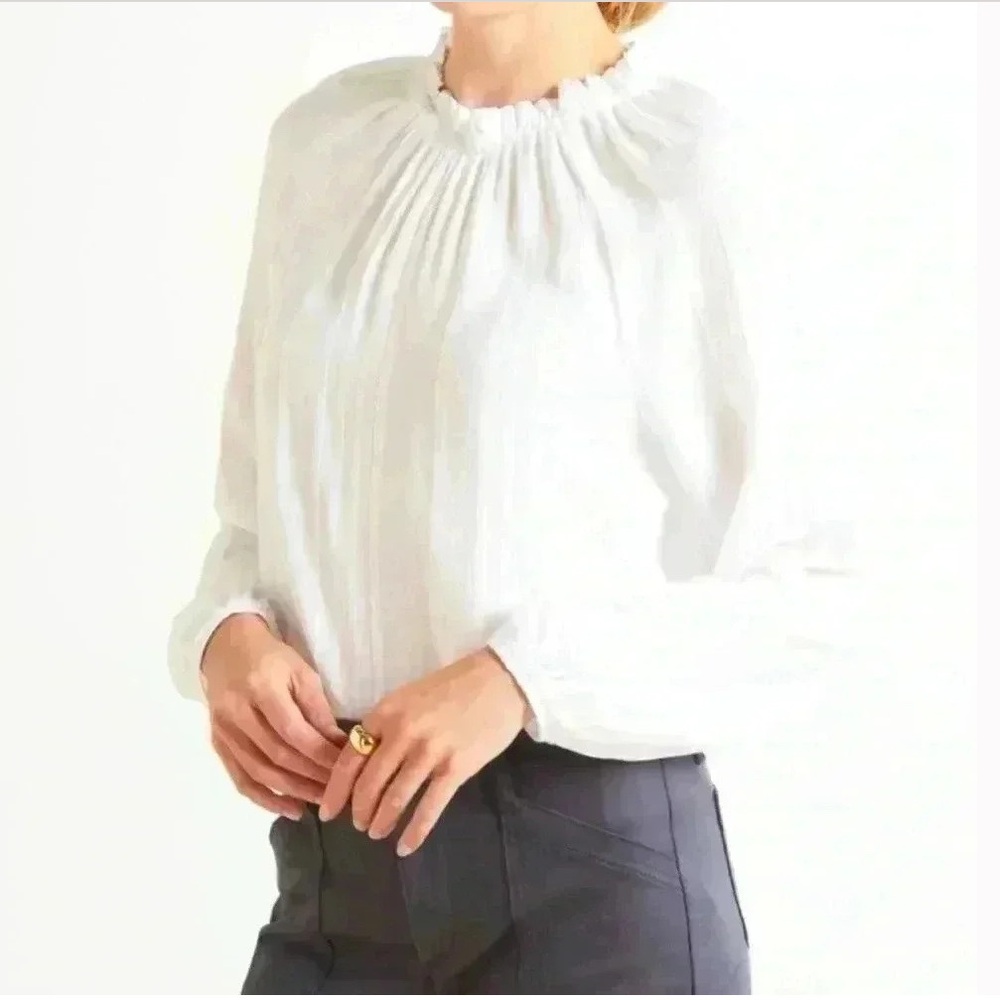 Cloth & Stone Textured Shirred Neck Top White Long Sleeves XL